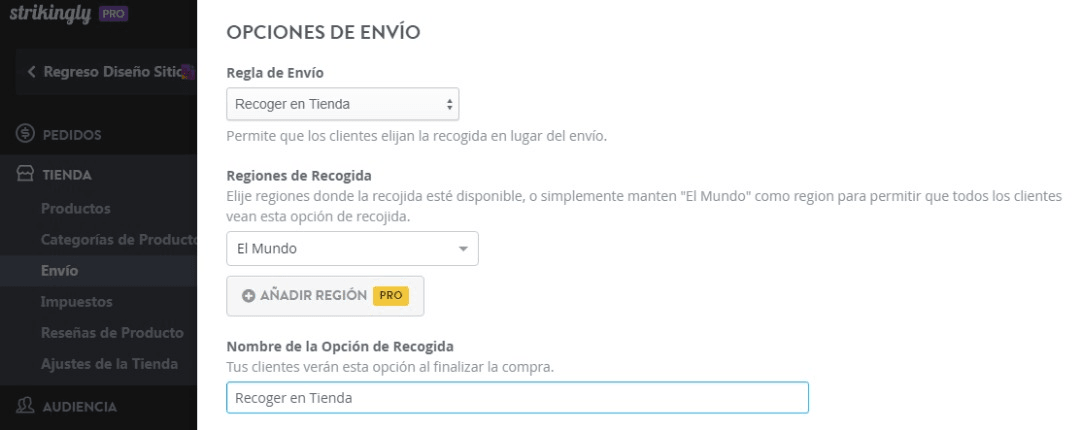 null Opciones de envio Strikingly